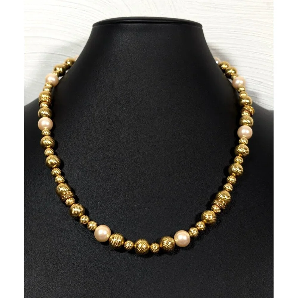 Vintage Monet Gold Tone Ribbed Bead Faux Pearl Necklace Classic MCM 20 in
